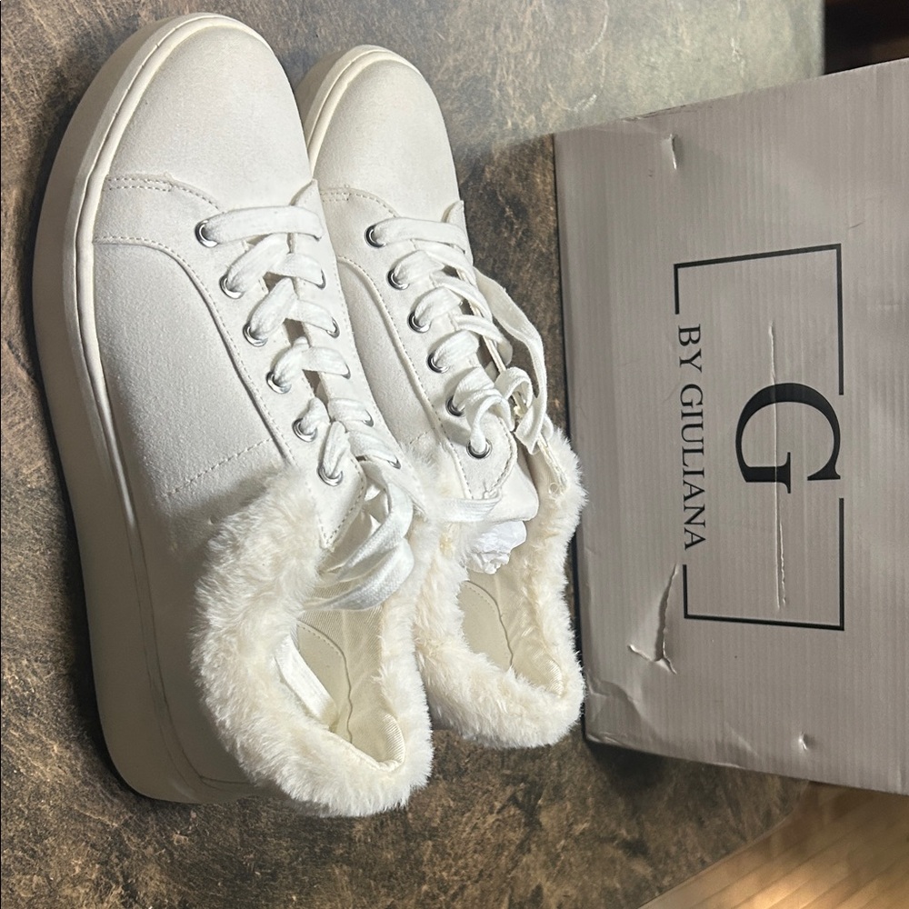 G by Giuliana Women's White Fur-Trim Sneakers